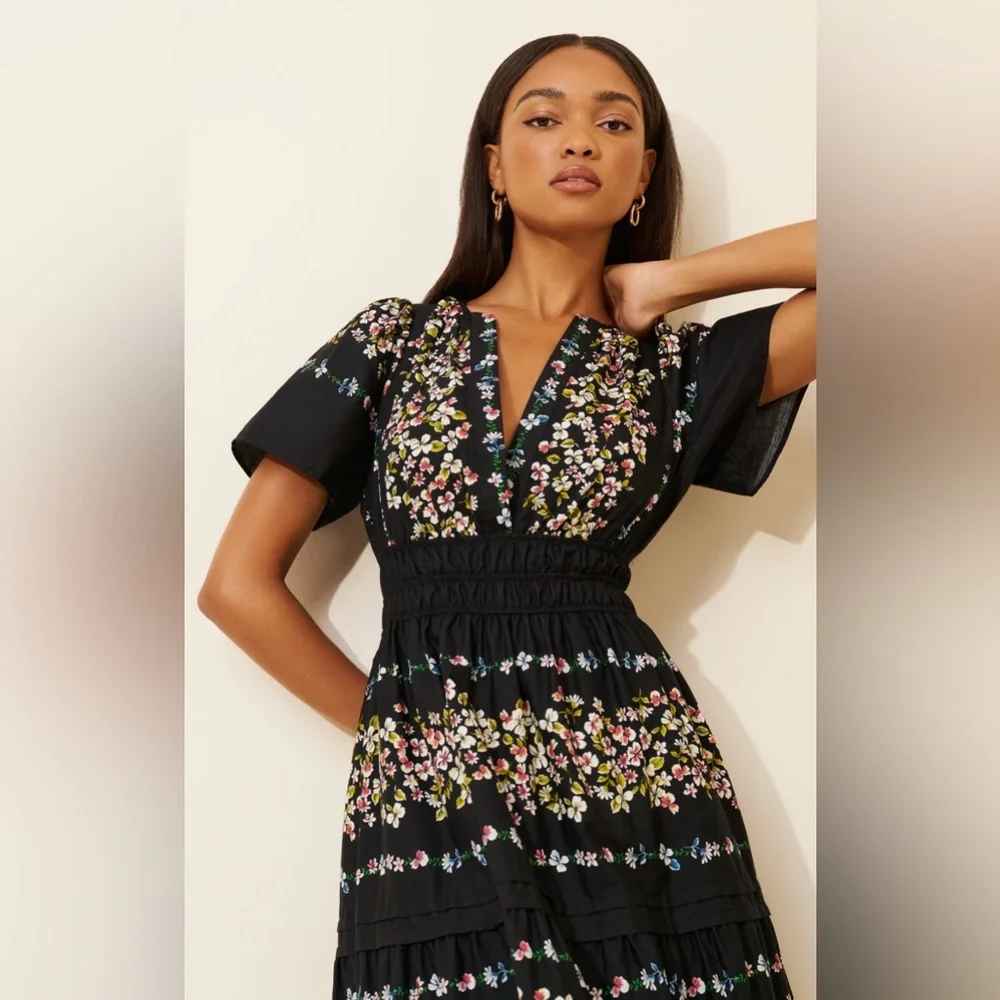 Anthropologie Somerset Maxi Dress Black Floral 100% Cotton Smocked Waist Size M - Picture 3 of 7